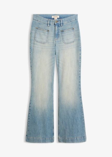 Dżinsy z rozszerzanymi nogawkami, mid waist. Niebieskie jeansy bonprix, bez wzorów, z bawełny, z podwyższonym stanem, długie. Za 169.99 zł.