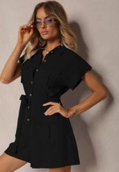 Czarny Taliowany Kombinezon Wiązany w Pasie Zapinany na Guziki Tenadea. Czarne sukienki Renee, na co dzień, l, z aplikacjami, eleganckie, bez kołnierzyka, bez ramiączek, dopasowane. Za 149.99 zł.