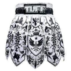 Spodenki treningowe TUFF Gladiator Black & White Classic Victorian Pattern. Białe szorty sportowe TUFF, bez wzorów, z materiału, na fitness i siłownię. Za 199.00 zł.