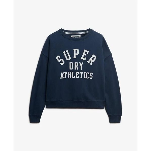 Bluza damska z naszywką tekstową Superdry Athletic Essentials. Niebieskie bluzy Superdry, xs, z aplikacjami, z materiału, klasyczne, bez ramiączek, bez kaptura. Za 265.10 zł.