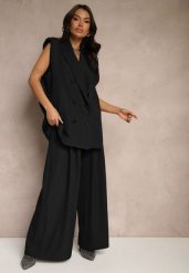 Czarne Eleganckie Spodnie Palazzo z Szerokimi Nogawkami Adivisa. Czarne jeansy Renee, bez wzorów, z jeansu, eleganckie, z podwyższonym stanem. W wyprzedaży za 67.99 zł.