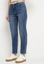 Granatowe Jeansy o Kroju Mom Fit z Wysokim Stanem Mevarelle. Niebieskie jeansy Born2be, bez wzorów, z jeansu, eleganckie, z podwyższonym stanem. W wyprzedaży za 101.99 zł.