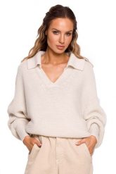 Sweter w Szpic z Kołnierzykiem - Słoniowa. Brązowe swetry MOE, l, bez wzorów, z materiału, bez ramiączek. Za 228.90 zł.