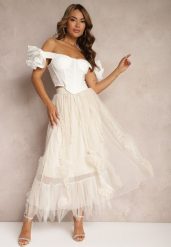 Jasnobeżowa Spódnica High Waist z Gumką w Talii o Siateczkowym Wykończeniu Vikkissa. Brązowe spódnice Renee, na spotkanie biznesowe, l, bez wzorów, eleganckie, maxi, dopasowane. W wyprzedaży za 107.99 zł.