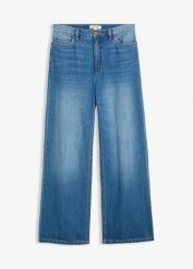 Jeansy wide leg, high waist. Niebieskie jeansy bonprix, bez wzorów, z jeansu, z podwyższonym stanem. Za 124.99 zł.