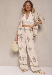 Beżowy Wiskozowy Komplet Boho Koszula i Spodnie z Haftowanym Zdobieniem Helhiris. Brązowe koszule Renee, l, z aplikacjami, z wiskozy, boho, bez kołnierzyka, bez ramiączek. W wyprzedaży za 143.99 zł.