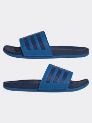 Adidas Klapki w kolorze niebiesko-granatowym rozmiar: 40,5. Niebieskie klapki adidas, bez wzorów, klasyczne, z otwartym noskiem, bez obcasa, bez zapięcia. Za 130.45 zł.