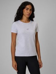 4F T-shirt slim gładki damski - szary L. Szare t-shirty sportowe 4f, l, bez wzorów, z materiału, bez ramiączek, na fitness i siłownię. Za 49.99 zł.
