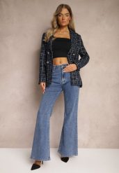 Granatowe Jeansy z Bawełny o Kroju Dzwonów High Waist Navilis. Niebieskie jeansy Renee, bez wzorów, z bawełny, eleganckie, z podwyższonym stanem. W wyprzedaży za 99.99 zł.