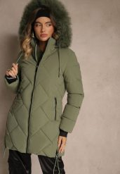Ciemnozielona Kurtka z Pikowanymi Przeszyciami i Kapturem z Futrem Guira. Zielone kurtki Renee, l, bez wzorów. Za 239.99 zł.