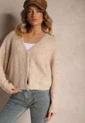 Beżowy Rozpinany Kardigan z Wełną i Trójkątnym Dekoltem Riarael. Brązowe swetry Renee, bez wzorów, z jeansu, bez ramiączek. W wyprzedaży za 127.99 zł.