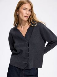 Kardigan z asymetrycznym zapięciem - ciemnoszary. Szare swetry Reserved, l, bez wzorów, z dzianiny, bez ramiączek. Za 159.99 zł.