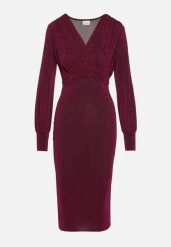 Jasnofioletowa Dopasowana Sukienka z Kopertowym Dekoltem i Bufiastymi Rękawami Ulonissa. Fioletowe sukienki Born2be, na imprezę, l, bez wzorów, klasyczne, bez kołnierzyka, bez ramiączek, midi, dopasowane. Za 99.99 zł.