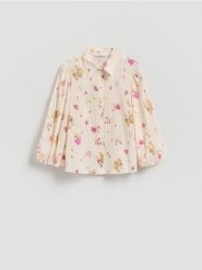 Bawełniana koszula w kwiaty - różowy. Czerwone koszule Reserved, l, bez wzorów, z bawełny, bez kołnierzyka, bez ramiączek. Za 129.99 zł.