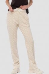 GUESS Beżowe damskie spodnie dresowe w monogram New Aggie, Rozmiar S. Brązowe spodnie sportowe Guess, z aplikacjami, z dresówki. Za 489.99 zł.