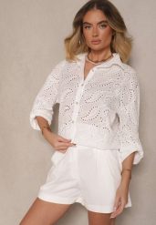 Biała Ażurowa Koszula z Bawełny Zdobiona Haftem Reivalora. Białe koszule Renee, m, z aplikacjami, z bawełny, eleganckie, bez kołnierzyka, bez ramiączek. W wyprzedaży za 91.99 zł.