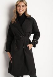 Czarny Płaszcz w Stylu Trencza Ozdobiony Paskiem z Klamrą Ninellira. Czarne płaszcze Born2be, l, bez wzorów, z jeansu, eleganckie, bez kaptura. W wyprzedaży za 212.49 zł.