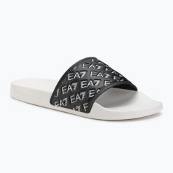 Klapki EA7 Emporio Armani Water Sports All Over. Czarne klapki EA7 Emporio Armani, z aplikacjami, z materiału, sportowe, bez obcasa, bez zapięcia. Za 149.99 zł.