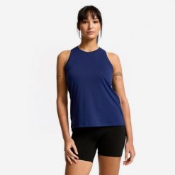 Koszulka fitness damska bez rękawów. Niebieskie t-shirty sportowe DOMYOS, l, bez wzorów, z elastanu, bez ramiączek, na fitness i siłownię. Za 39.99 zł.