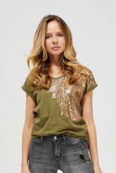 Bluzka z błyszczącym nadrukiem. Zielone bluzki MOODO, z aplikacjami, z bawełny, bez kołnierzyka, bez ramiączek. W wyprzedaży za 12.99 zł.
