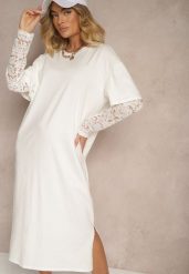 Jasnobeżowa Sukienka z Bawełny o Kroju Typu T-shirt z Koronką i Rozcięciami Tanisla. Brązowe sukienki Renee, na co dzień, bez wzorów, z bawełny, eleganckie, bez kołnierzyka, bez ramiączek, midi, proste. W wyprzedaży za 67.99 zł.