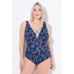 Damski Kostium kąpielowy nakrapiany miękkie miseczki ozdobne tasiemki. Niebieskie stroje jednoczęściowe Ulla Popken, bez wzorów, z elastanu, sportowe. Za 239.99 zł.