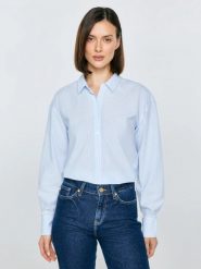 Koszula damska w paski niebieska Goplo 400. Niebieskie koszule BIG STAR, l, bez wzorów, z bawełny, biznesowe, bez kołnierzyka, bez ramiączek. Za 229.99 zł.