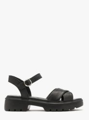 Czarne sandały z ozdobną cholewką. Czarne sandały Ryłko, bez wzorów, ze skóry, bez obcasa, bez zapięcia. W wyprzedaży za 159.99 zł.