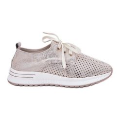 Skórzane Lekkie buty Damskie Na Platformie Artiker 56C2113 Beżowo-Złote beżowy. Brązowe buty treningowe bez wzorów, bez zapięcia. Za 299.42 zł.