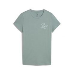 Damska koszulka ESS SCRIPT PUMA Green Moon. Zielone t-shirty sportowe Puma, xs, bez wzorów, bez ramiączek. Za 109.00 zł.