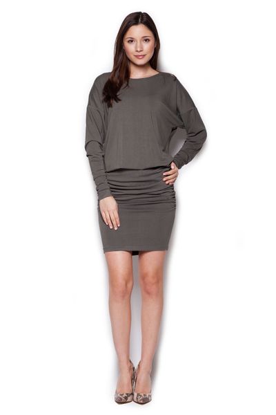 Oliwkowa Casualowa Drapowana Sukienka z Długim Rękawem. Zielone sukienki Figl, l, bez wzorów, z elastanu, bez kołnierzyka, bez ramiączek. Za 239.00 zł.