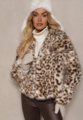 Beżowa Kurtka Futerko w Panterkowy Print z Szerokim Kołnierzem Nalorienne. Brązowe kurtki Renee, m, bez wzorów, z futra, eleganckie, bez kaptura. W wyprzedaży za 178.49 zł.
