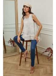 Plume Top "Mylene" w kolorze beżowym rozmiar: XL. Brązowe topy Plume, xl, bez wzorów, z asymetrycznym kołnierzem, bez ramiączek. Za 123.53 zł.