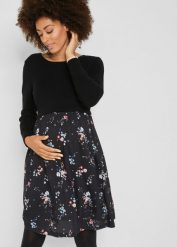 Sukienka ciążowa z dzianiny i wiskozy. Czarne sukienki bonprix, bez wzorów, z dzianiny, bez kołnierzyka, moda ciążowa, bez ramiączek, mini. Za 149.99 zł.