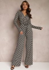 Czarny Kombinezon z Mozaikowym Wzorem z Dekoltem w Serek i Paskiem Inafil. Czarne sukienki Renee, l, bez wzorów, z materiału, bez kołnierzyka, bez ramiączek. Za 139.99 zł.