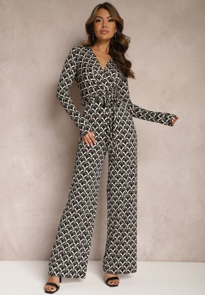 Czarny Kombinezon z Mozaikowym Wzorem z Dekoltem w Serek i Paskiem Inafil. Czarne sukienki Renee, l, bez wzorów, z materiału, bez kołnierzyka, bez ramiączek. Za 139.99 zł.