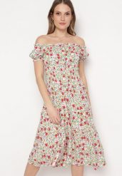 Biało-Zielona Bawełniana Sukienka Midi w Kwiatowy Print o Fasonie Hiszpanki Anirpe. Białe sukienki Born2be, l, bez wzorów, z bawełny, bez kołnierzyka, bez ramiączek, midi. Za 79.99 zł.