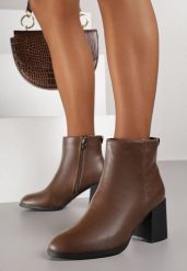 Brązowe Eleganckie Botki Vices na Słupku z Okrągłym Detalem przy Cholewce Widvire. Brązowe botki Renee, bez wzorów, biznesowe, z okrągłym noskiem, bez obcasa, na obcasie, bez zapięcia. Za 109.99 zł.