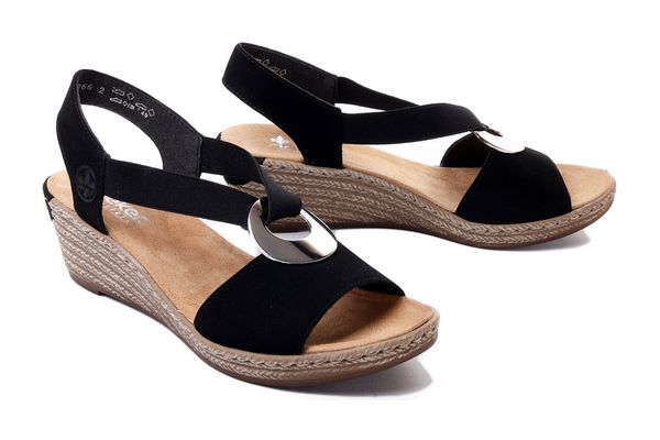 RIEKER 624H6-00 black, sandały damskie. Czarne sandały Rieker, bez wzorów, z gumy, bez obcasa, na koturnie, bez zapięcia. Za 209.93 zł.