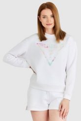 GUESS Biała bluza damska z odblaskowym logo. Białe bluzy Guess, s, z aplikacjami, z bawełny, bez kaptura. W wyprzedaży za 249.99 zł.