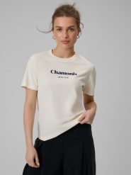 4F T-shirt loose z nadrukiem damski - beżowy M. Brązowe t-shirty 4f, m, bez wzorów, z bawełny, bez kołnierzyka, bez ramiączek. Za 79.99 zł.