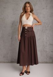 Brązowa Elegancka Spódnica z Wiskozą i Lnem o Rozkloszowanym Kroju Phridoe. Brązowe spódnice Renee, m, bez wzorów, ze lnu, eleganckie, maxi, rozkloszowane. Za 119.99 zł.