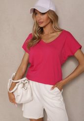 Fuksjowy T-shirt z Bawełny z Dekoltem w Serek Linithiela. Czerwone t-shirty Renee, l, bez wzorów, z bawełny, bez kołnierzyka, bez ramiączek. W wyprzedaży za 39.99 zł.