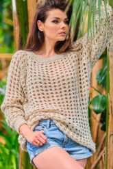 Oversizowy Sweter w Ażurowy Wzór - Beżowy. Brązowe swetry Awama, uniwersalny, w ażurowe wzory, z materiału, bez ramiączek. Za 249.90 zł.