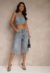 Niebieskie Asymetryczne Szorty Jeansowe Typu Bermudy Lilista. Niebieskie szorty Renee, bez wzorów, z bawełny, eleganckie. W wyprzedaży za 107.99 zł.