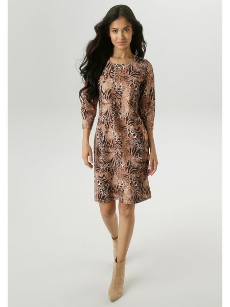 Aniston Sukienka w kolorze jasnobrązowo-czarnym rozmiar: 38. Brązowe sukienki Aniston, bez wzorów, bez kołnierzyka, bez ramiączek, midi. Za 100.52 zł.