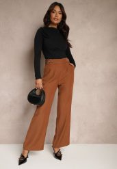 Brązowe Spodnie High Waist o Szerokim Fasonie z Paskiem i Złotym Metalicznym Detalem Eniarra. Brązowe jeansy Renee, l, bez wzorów, z jeansu, biznesowe, z podwyższonym stanem. W wyprzedaży za 83.99 zł.