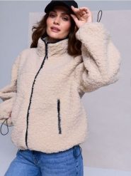 Kurtka teddy ze stójką i kieszeniami na zamek - kremowy. Białe kurtki Sinsay, l, bez wzorów, bez kaptura. Za 89.99 zł.