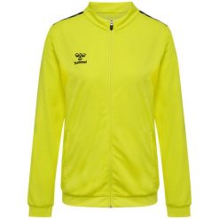 Damska bluza dresowa z poliestru zapinana na zamek Hummel Authentic. Żółte bluzy Hummel, bez wzorów, z dresówki, sportowe, bez ramiączek, bez kaptura. Za 254.00 zł.