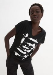 T-shirt. Czarne t-shirty bonprix, bez wzorów, eleganckie, bez kołnierzyka, bez ramiączek. Za 59.99 zł.